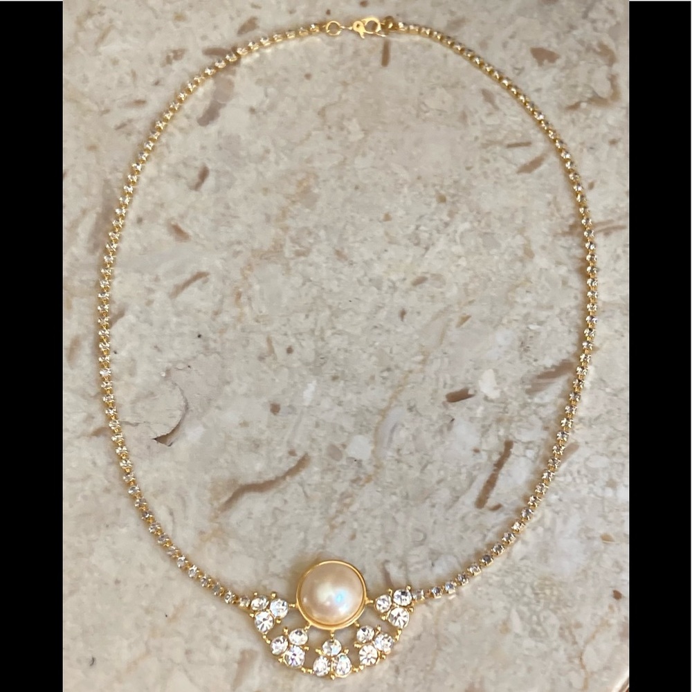 Monet Vintage Gold Tone & Pearl, Crystal Necklace - Picture 1 of 8